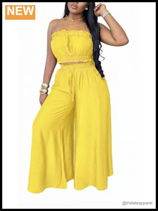 Pants - Two Piece Set Sleeveless Crop Top Wide Leg Pants Summer Beach